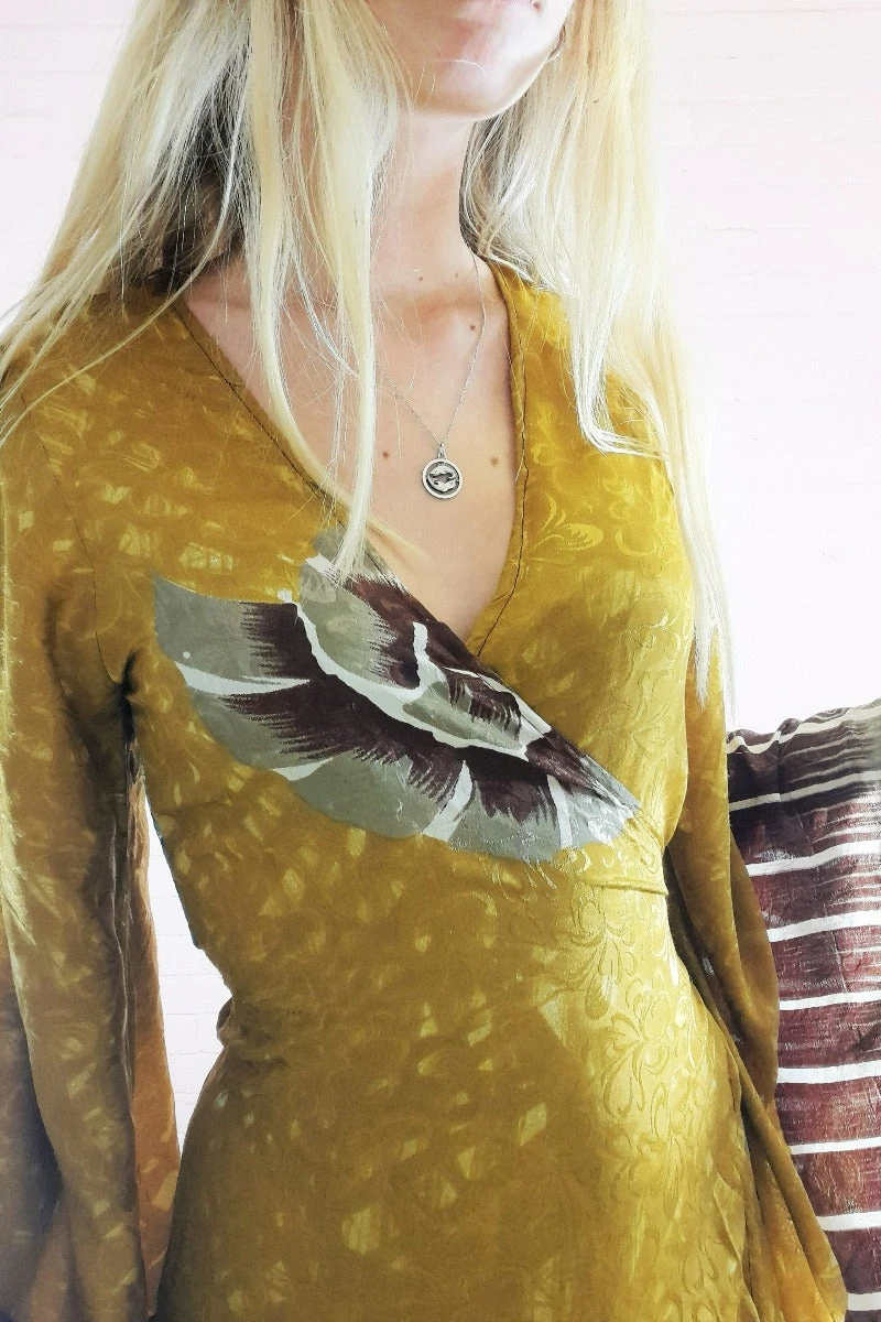 Venus Maxi Wrap Dress - Vintage Sari - Chartreuse With Ammonite Motif - XS 3 Venus Maxi Wrap Dress - Vintage Sari - Chartreuse With Ammonite Motif - XS - Image 3