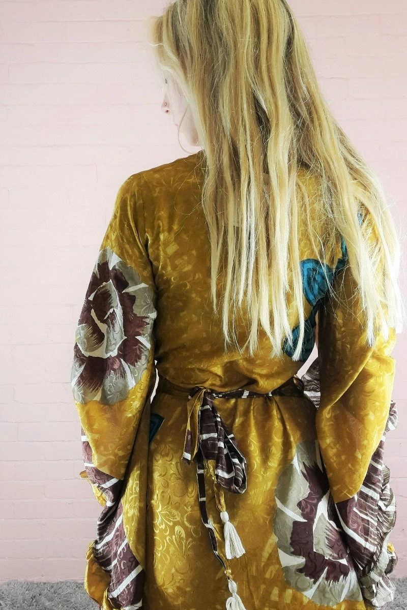 Venus Maxi Wrap Dress - Vintage Sari - Chartreuse With Ammonite Motif - XS 4 Venus Maxi Wrap Dress - Vintage Sari - Chartreuse With Ammonite Motif - XS - Image 4