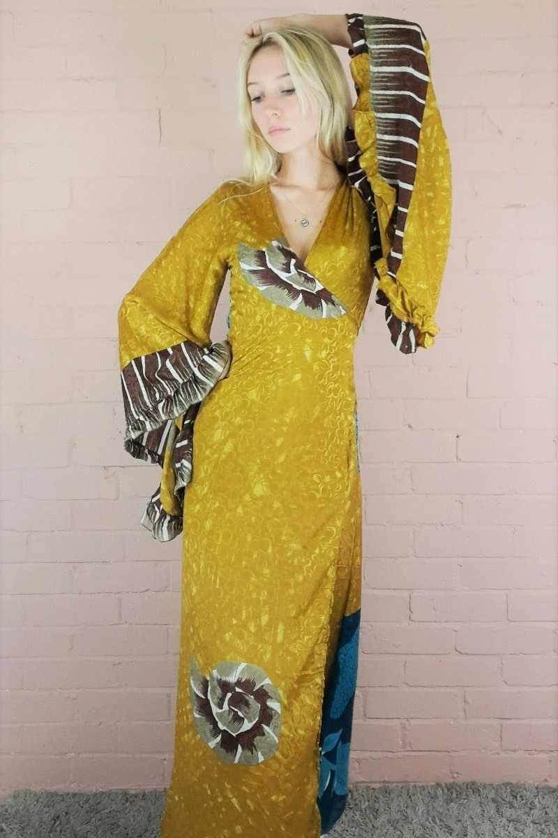Venus Maxi Wrap Dress - Vintage Sari - Chartreuse With Ammonite Motif - XS 2 Venus Maxi Wrap Dress - Vintage Sari - Chartreuse With Ammonite Motif - XS - Image 2