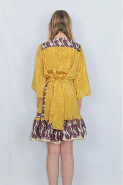 Lunar Mini Dress - Vintage Indian Sari - Laguna Yellow & Magenta Paisley - Free Size M/L -Woviqueen Sales DSCF4470 scaled