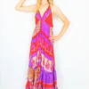 Cherry Maxi Dress - Vintage Indian Sari - Bright Red, Violet & Sand Floral - Free Size