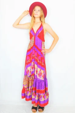 Cherry Maxi Dress - Vintage Indian Sari - Bright Red, Violet & Sand Floral - Free Size