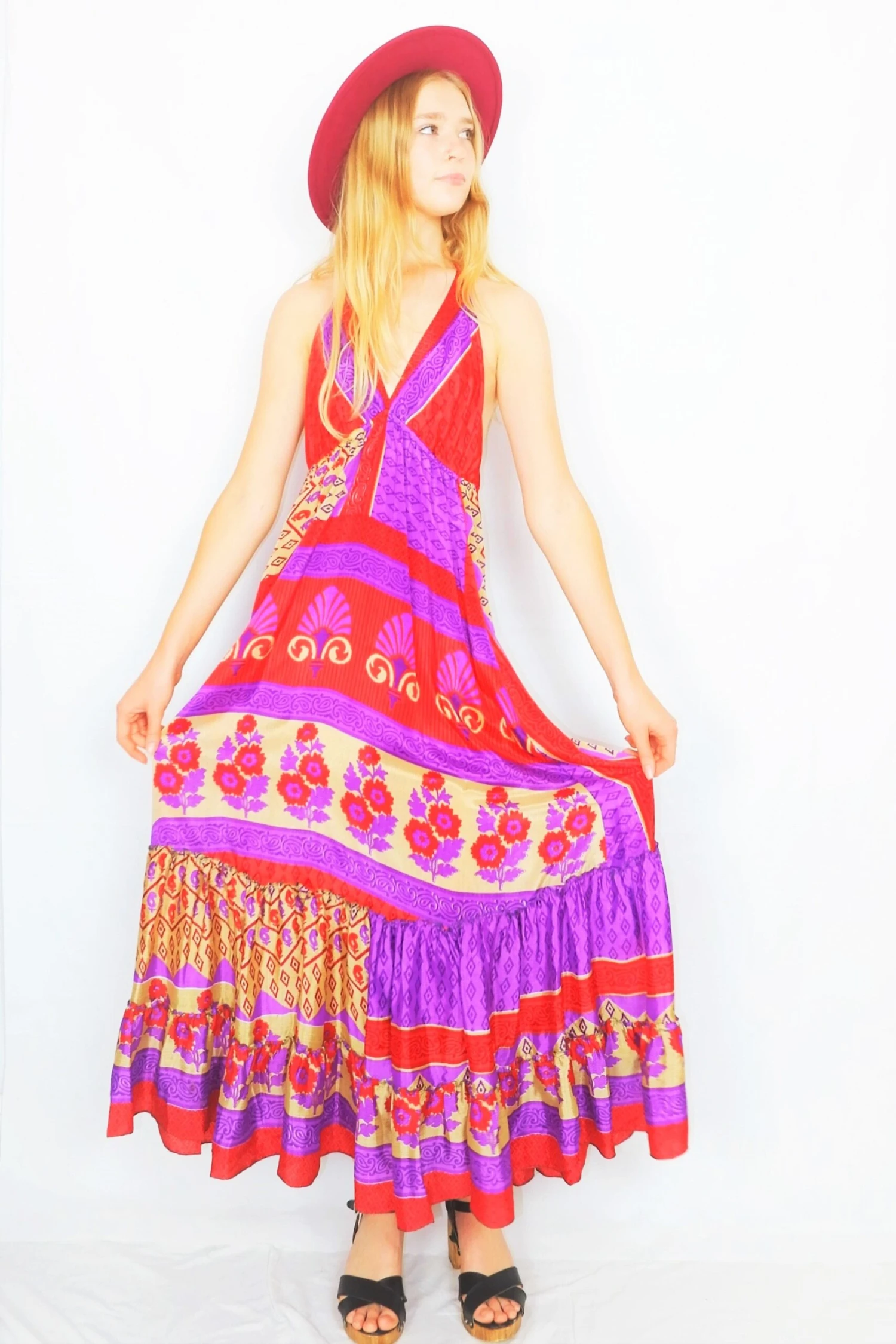 Cherry Maxi Dress - Vintage Indian Sari - Bright Red, Violet & Sand Floral - Free Size 2 Cherry Maxi Dress - Vintage Indian Sari - Bright Red, Violet & Sand Floral - Free Size - Image 2