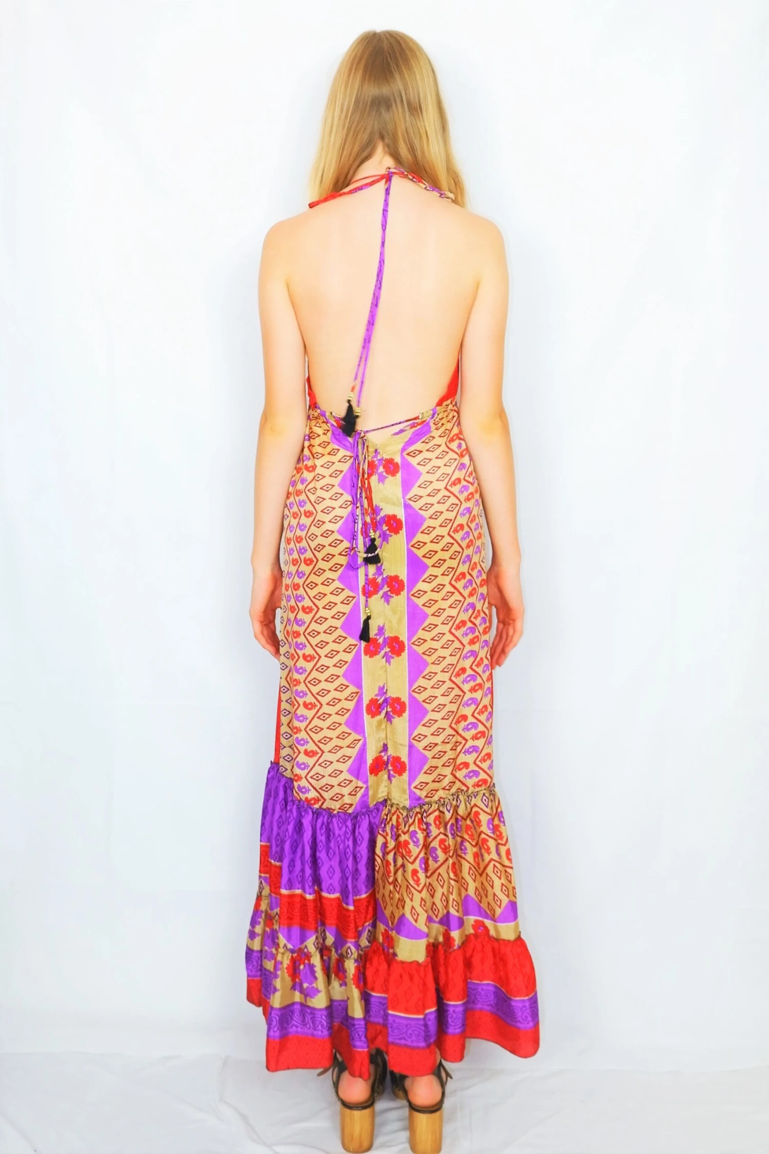 Cherry Maxi Dress - Vintage Indian Sari - Bright Red, Violet & Sand Floral - Free Size 4 Cherry Maxi Dress - Vintage Indian Sari - Bright Red, Violet & Sand Floral - Free Size - Image 4