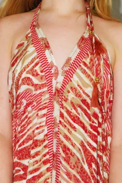 Medusa Halter Dress - Vintage Indian Sari - Sweet Red, Hazel Wood & Cream Abstract Floral - M/L -Woviqueen Sales DSCF7651 2 scaled