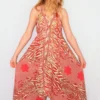 Medusa Halter Dress - Vintage Indian Sari - Sweet Red, Hazel Wood & Cream Abstract Floral - M/L
