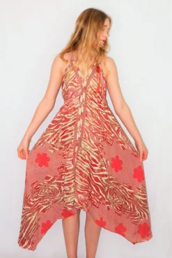 Medusa Halter Dress - Vintage Indian Sari - Sweet Red, Hazel Wood & Cream Abstract Floral - M/L