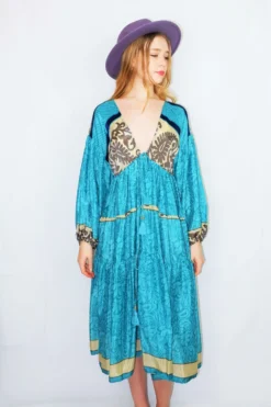 Gypsophila Midi Dress - Vintage Indian Sari - Aqua Blue & Blonde Floral Paisley - Free Size
