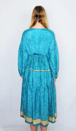 Gypsophila Midi Dress - Vintage Indian Sari - Aqua Blue & Blonde Floral Paisley - Free Size -Woviqueen Sales DSCF8977 scaled
