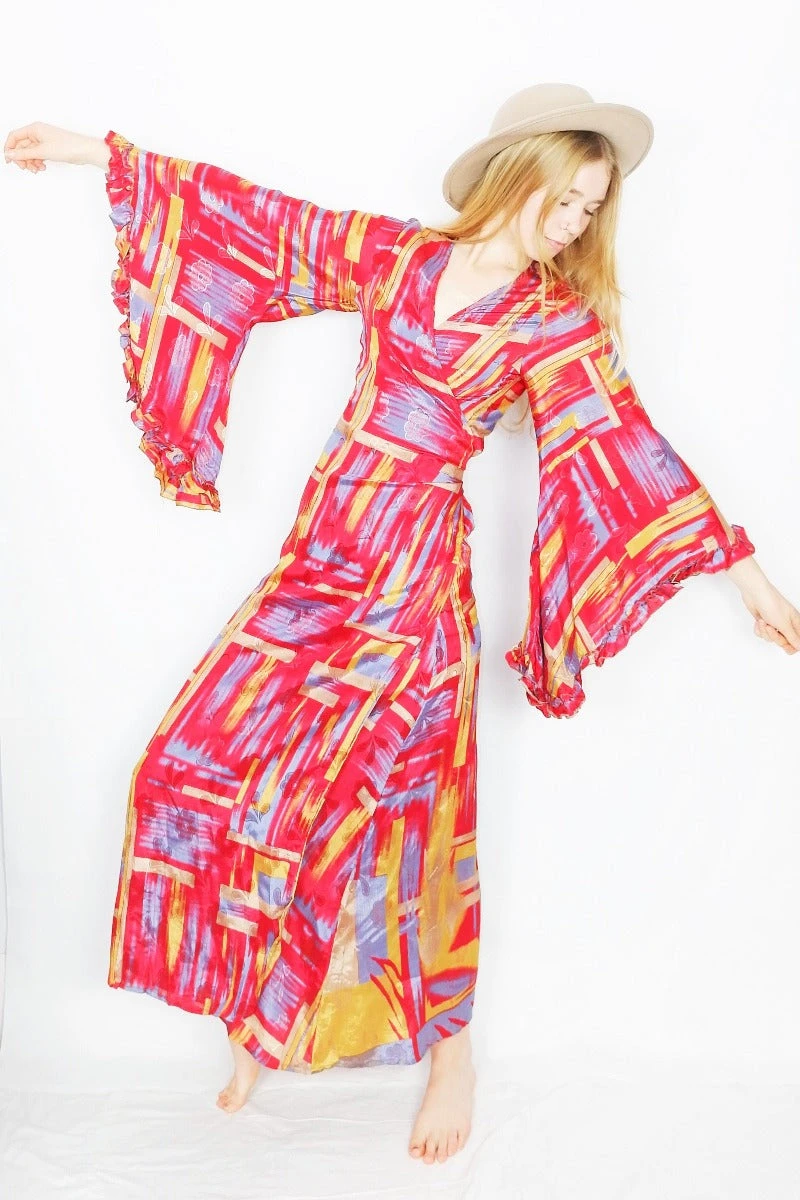 Venus Maxi Wrap Dress - Glistening Red Brushstrokes - Vintage Sari - XS - S/M 2 Venus Maxi Wrap Dress - Glistening Red Brushstrokes - Vintage Sari - XS - S/M - Image 2