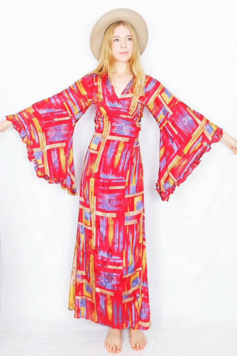 Venus Maxi Wrap Dress - Glistening Red Brushstrokes - Vintage Sari - XS - S/M 1 Venus Maxi Wrap Dress - Glistening Red Brushstrokes - Vintage Sari - XS - S/M