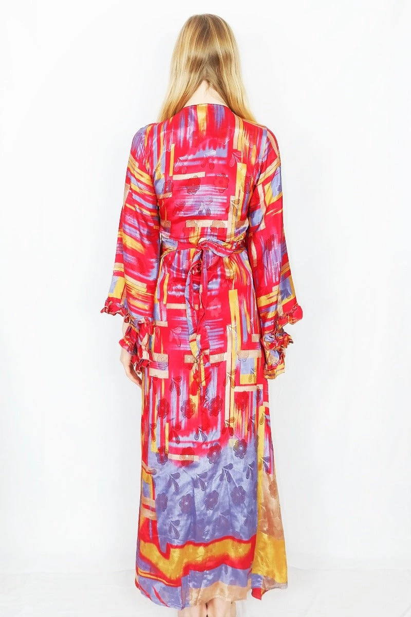 Venus Maxi Wrap Dress - Glistening Red Brushstrokes - Vintage Sari - XS - S/M 4 Venus Maxi Wrap Dress - Glistening Red Brushstrokes - Vintage Sari - XS - S/M - Image 4