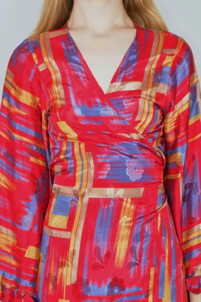 Venus Maxi Wrap Dress - Glistening Red Brushstrokes - Vintage Sari - XS - S/M 3 Venus Maxi Wrap Dress - Glistening Red Brushstrokes - Vintage Sari - XS - S/M - Image 3