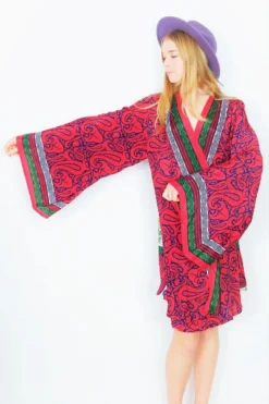Karina Kimono Mini Dress - Vintage Indian Sari - Dark Coral, Navy & Lime Paisley - Free Size M/L