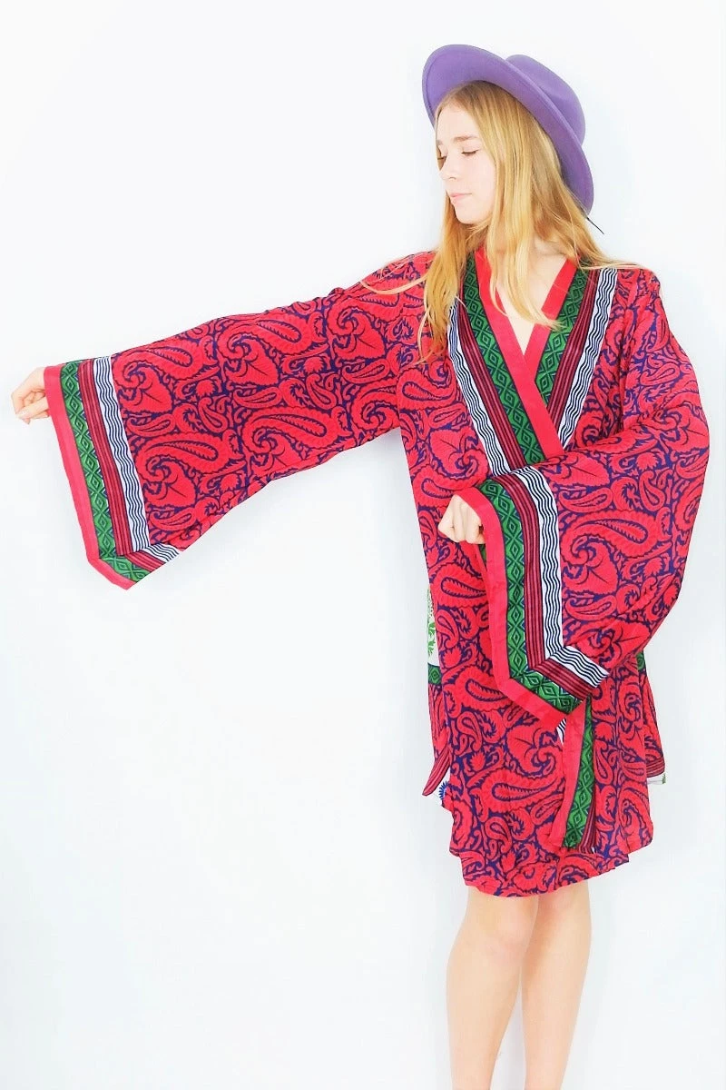 Karina Kimono Mini Dress - Vintage Indian Sari - Dark Coral, Navy & Lime Paisley - Free Size M/L 1 Karina Kimono Mini Dress - Vintage Indian Sari - Dark Coral, Navy & Lime Paisley - Free Size M/L