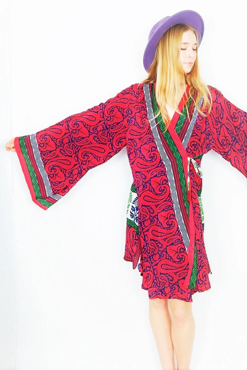 Karina Kimono Mini Dress - Vintage Indian Sari - Dark Coral, Navy & Lime Paisley - Free Size M/L 3 Karina Kimono Mini Dress - Vintage Indian Sari - Dark Coral, Navy & Lime Paisley - Free Size M/L - Image 3