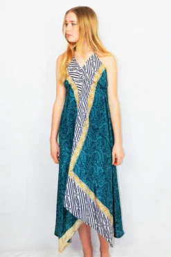 Medusa Halter Dress - Vintage Indian Sari - Dark Teal & Ice Floral Paisley - M/L