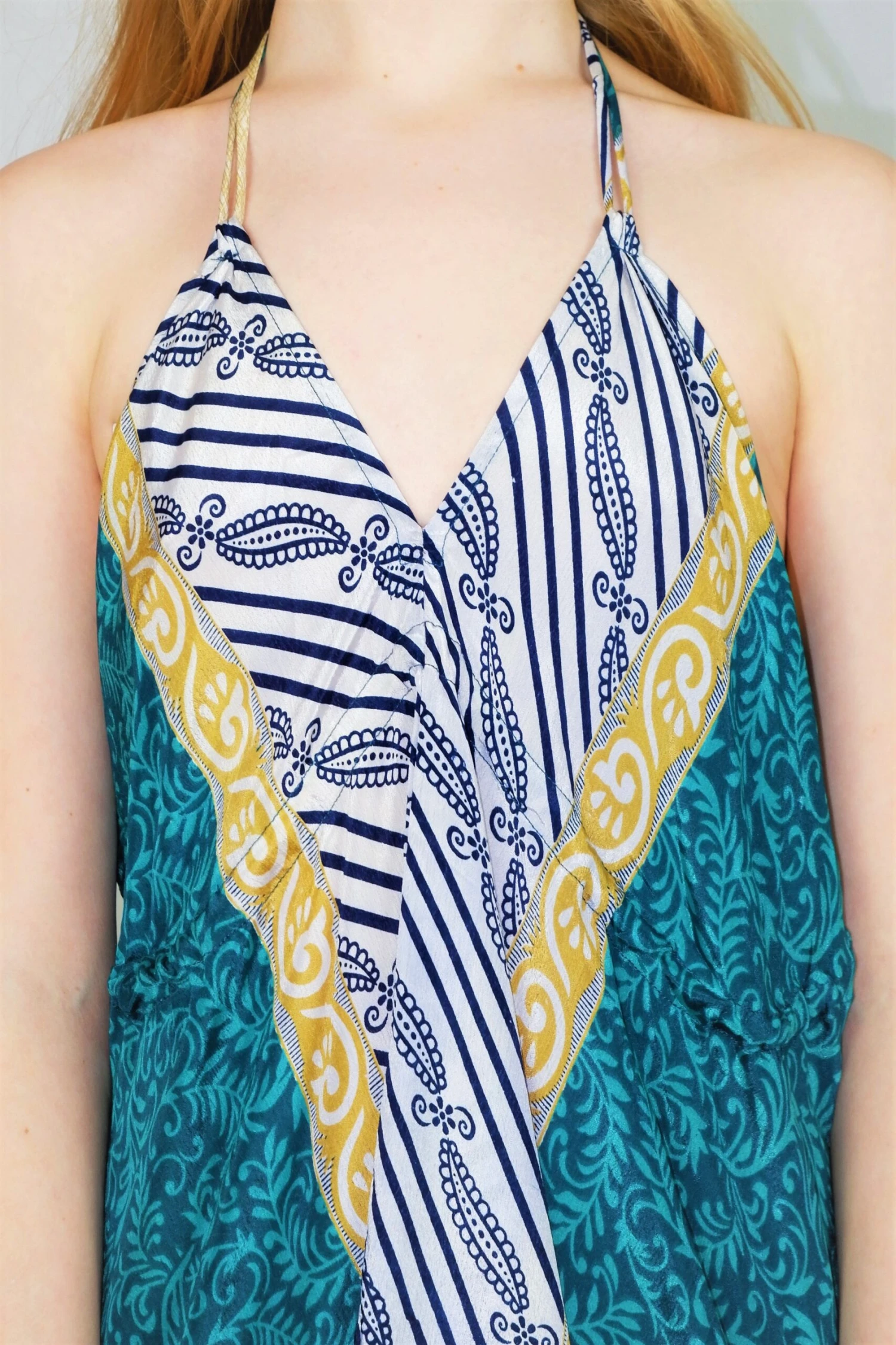 Medusa Halter Dress - Vintage Indian Sari - Dark Teal & Ice Floral Paisley - M/L 2 Medusa Halter Dress - Vintage Indian Sari - Dark Teal & Ice Floral Paisley - M/L - Image 2