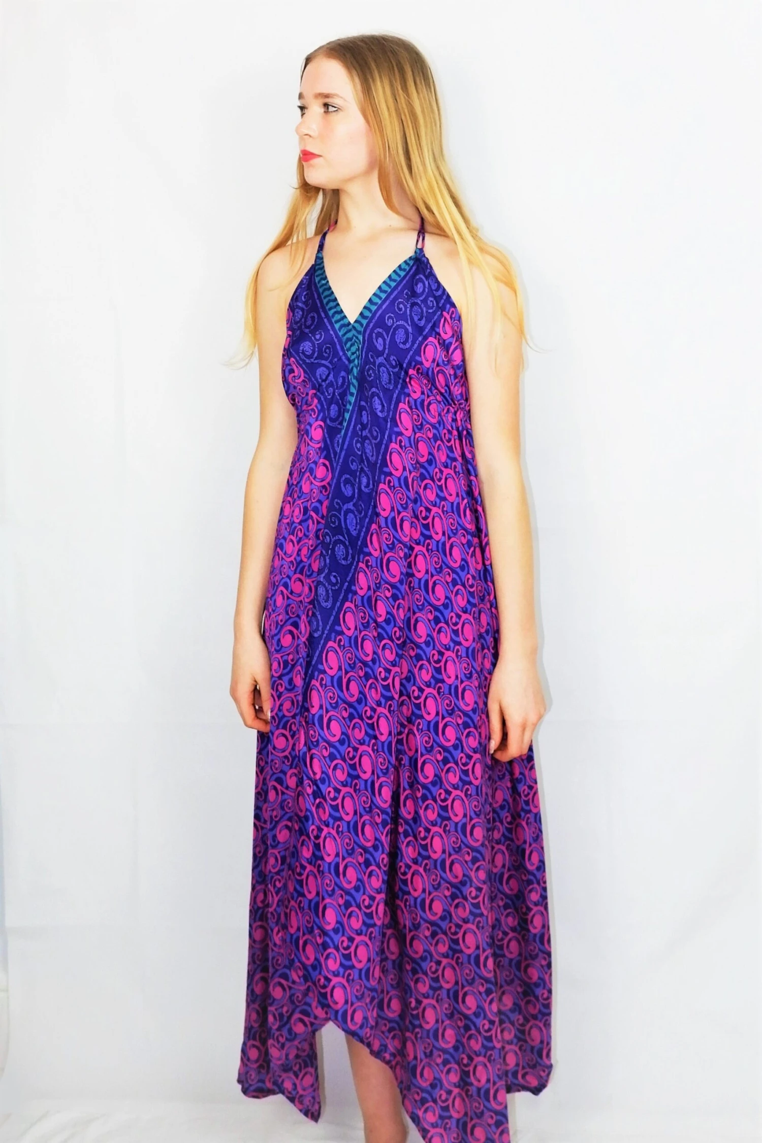 Medusa Halter Dress - Vintage Indian Sari - Purple, Teal & Pink - M/L 1 Medusa Halter Dress - Vintage Indian Sari - Purple, Teal & Pink - M/L