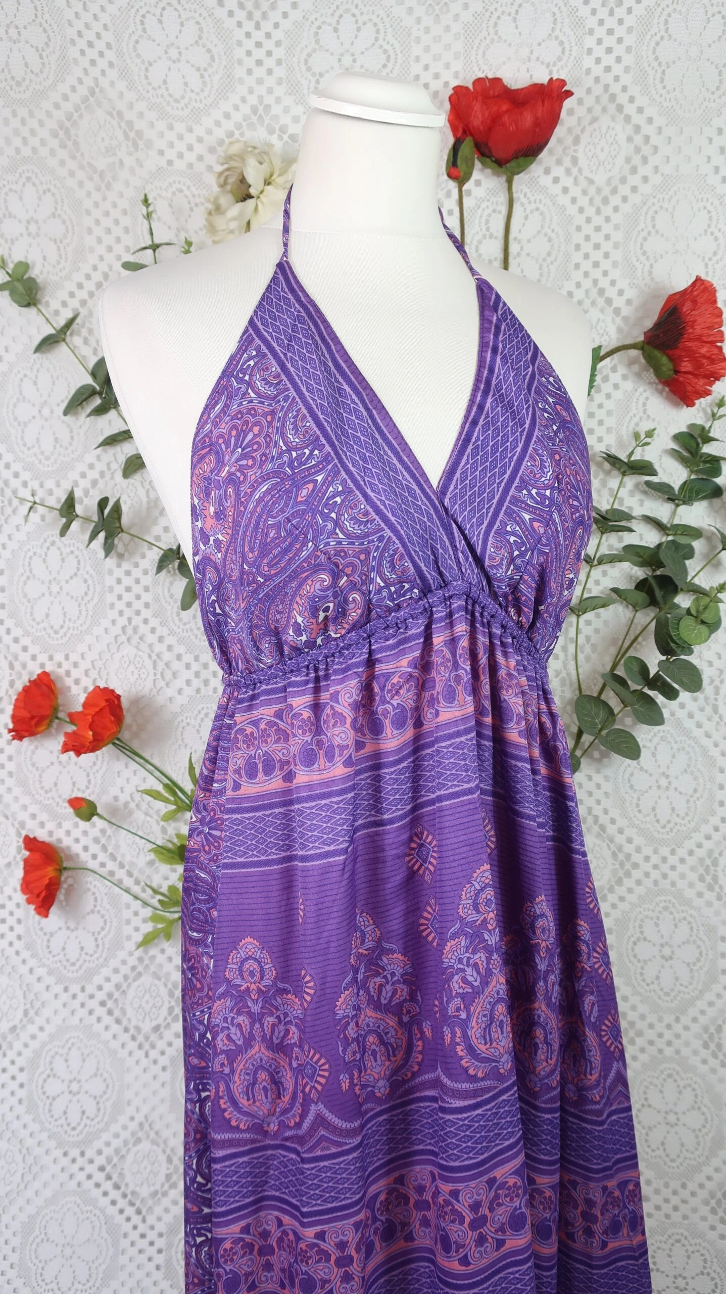 Cherry Halter-Neck Maxi Dress - Purple & Violet Paisley Floral Sari (XS - S/M) 4 Cherry Halter-Neck Maxi Dress - Purple & Violet Paisley Floral Sari (XS - S/M) - Image 4