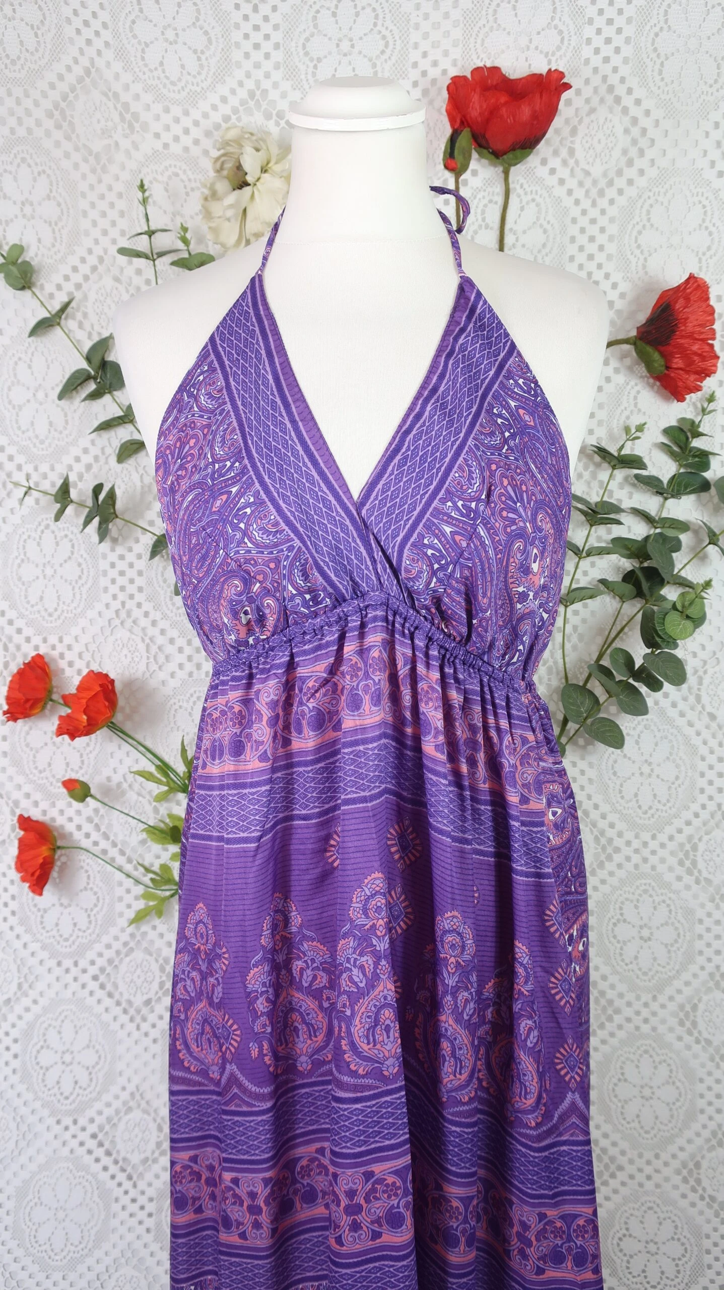 Cherry Halter-Neck Maxi Dress - Purple & Violet Paisley Floral Sari (XS - S/M) 3 Cherry Halter-Neck Maxi Dress - Purple & Violet Paisley Floral Sari (XS - S/M) - Image 3