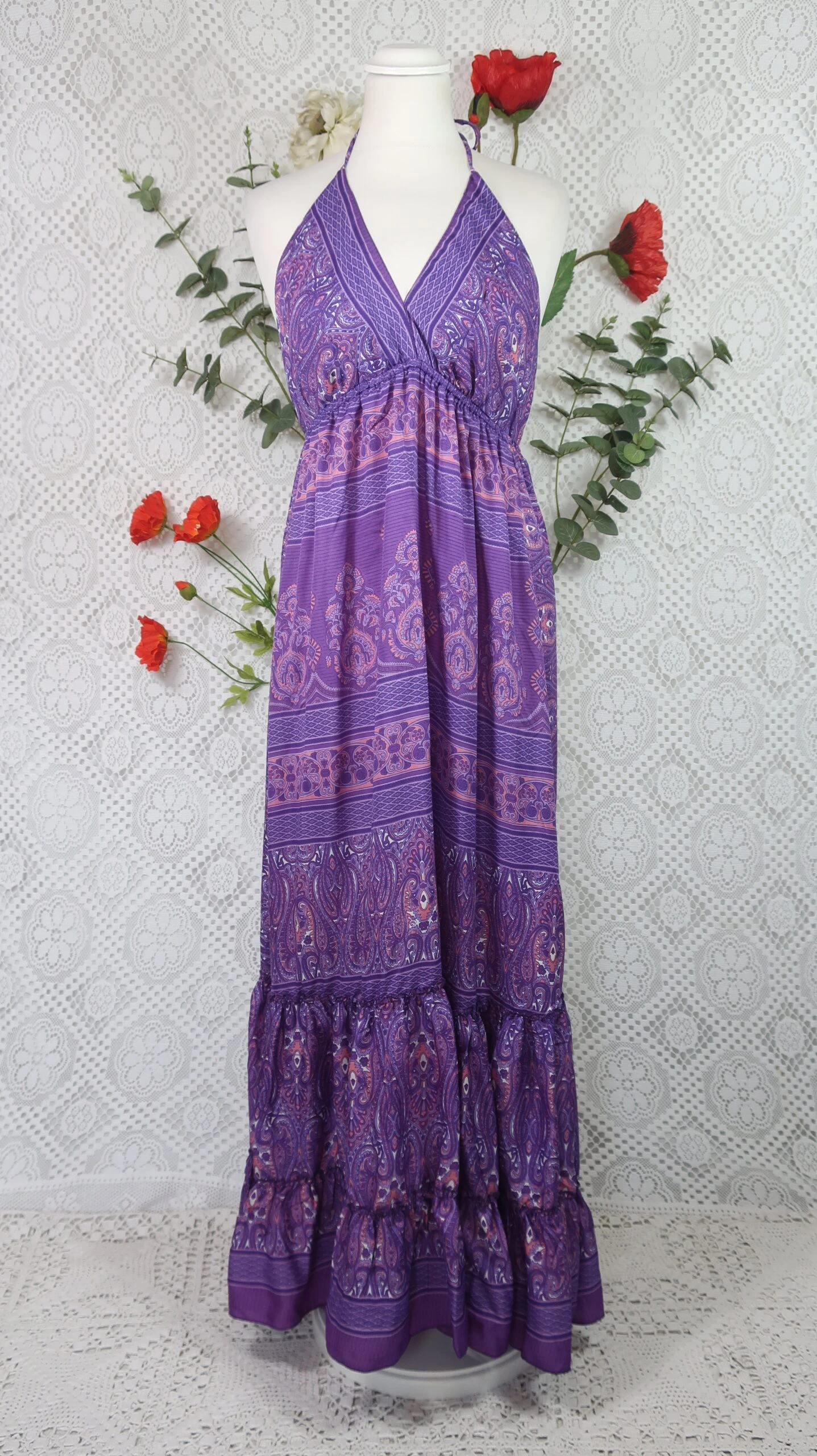 Cherry Halter-Neck Maxi Dress - Purple & Violet Paisley Floral Sari (XS - S/M) 2 Cherry Halter-Neck Maxi Dress - Purple & Violet Paisley Floral Sari (XS - S/M) - Image 2
