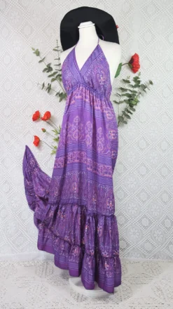 Cherry Halter-Neck Maxi Dress - Purple & Violet Paisley Floral Sari (XS - S/M)