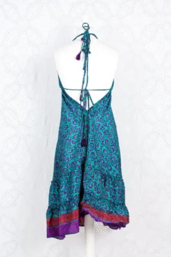 Blossom Mini Halter Dress - Vintage Indian Sari - Purple Teal & Crimson - M/L -Woviqueen Sales IMG 0821 0c2c9f65 16f4 48d3 8585 7de580c12f3c scaled
