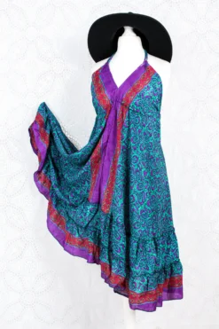 Blossom Mini Halter Dress - Vintage Indian Sari - Purple Teal & Crimson - M/L