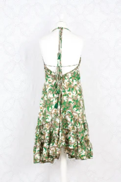 Blossom Mini Halter Dress - Vintage Indian Sari - White & Green Paisley - M/L -Woviqueen Sales IMG 0840 e75c105b 8c42 4ed5 a49d d378e478c344 scaled