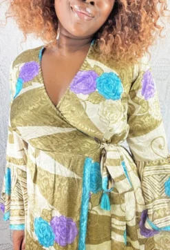 Sylvia Wrap Dress - Vintage Indian Sari - Golden Shimmer Floral (S/M) -Woviqueen Sales IMG 0880b