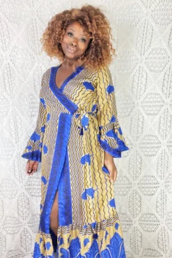 Sylvia Wrap Dress - Vintage Indian Sari - Gold & Cobalt (S/M) -Woviqueen Sales IMG 0884b