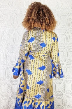 Sylvia Wrap Dress - Vintage Indian Sari - Gold & Cobalt (S/M) -Woviqueen Sales IMG 0885b