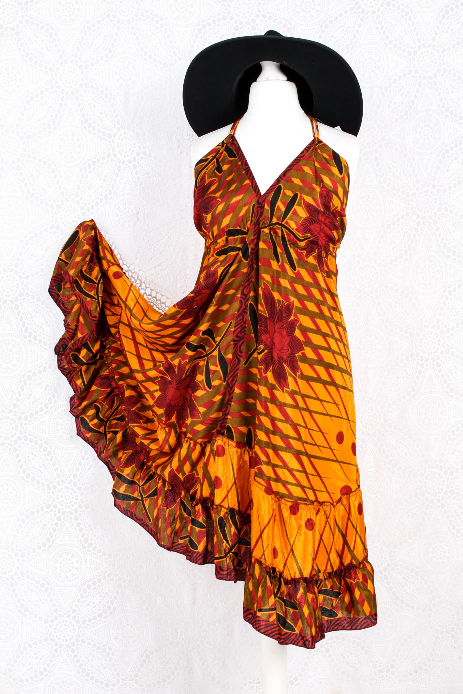 Blossom Mini Halter Dress - Vintage Indian Sari - Amber & Garnet Flower - M/L 1 Blossom Mini Halter Dress - Vintage Indian Sari - Amber & Garnet Flower - M/L