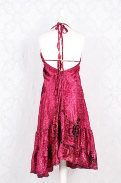 Blossom Mini Halter Dress - Vintage Indian Sari - Deep Pink Shimmer - S/M -Woviqueen Sales IMG 1109 48588072 06da 402c ba6b ede62aa60eda scaled