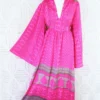 Stevie Maxi Dress - Vintage Indian Sari - Fuchsia & Slate Block Print - XS