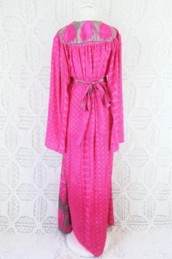 Stevie Maxi Dress - Vintage Indian Sari - Fuchsia & Slate Block Print - XS -Woviqueen Sales IMG 2467 045391c6 e26f 4433 8132 fd8ae241bb42 scaled