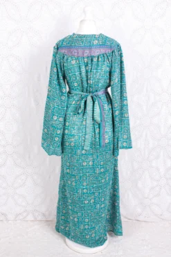 Stevie Maxi Dress - Vintage Indian Sari - Turquoise Floral Graphic - XS -Woviqueen Sales IMG 3218 9814a961 0df8 4b9e 9016 874eda735348 scaled