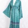 Stevie Maxi Dress - Vintage Indian Sari - Turquoise Floral Graphic - XS