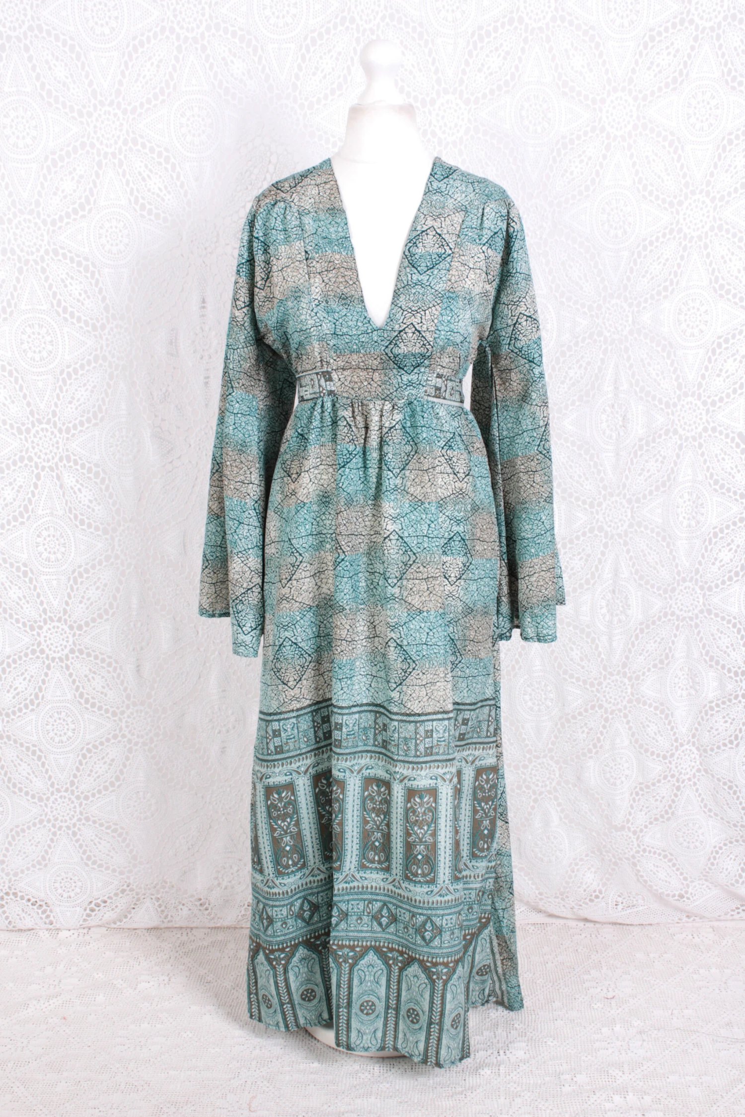 Stevie Maxi Dress - Vintage Indian Sari - Submerged Aqua Mosaic - XS 2 Stevie Maxi Dress - Vintage Indian Sari - Submerged Aqua Mosaic - XS - Image 2