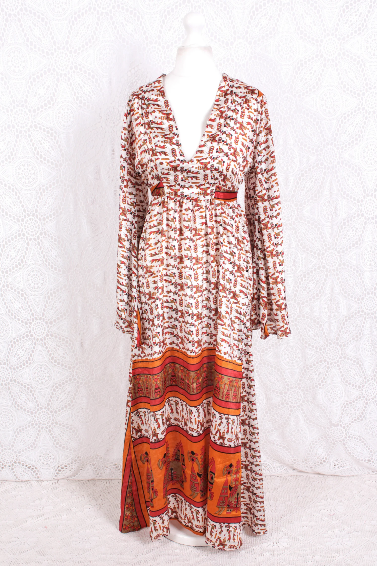 Stevie Maxi Dress - Vintage Indian Sari - Powder, Red & Amber Illustrations - XS 2 Stevie Maxi Dress - Vintage Indian Sari - Powder, Red & Amber Illustrations - XS - Image 2