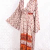 Stevie Maxi Dress - Vintage Indian Sari - Powder, Red & Amber Illustrations - XS