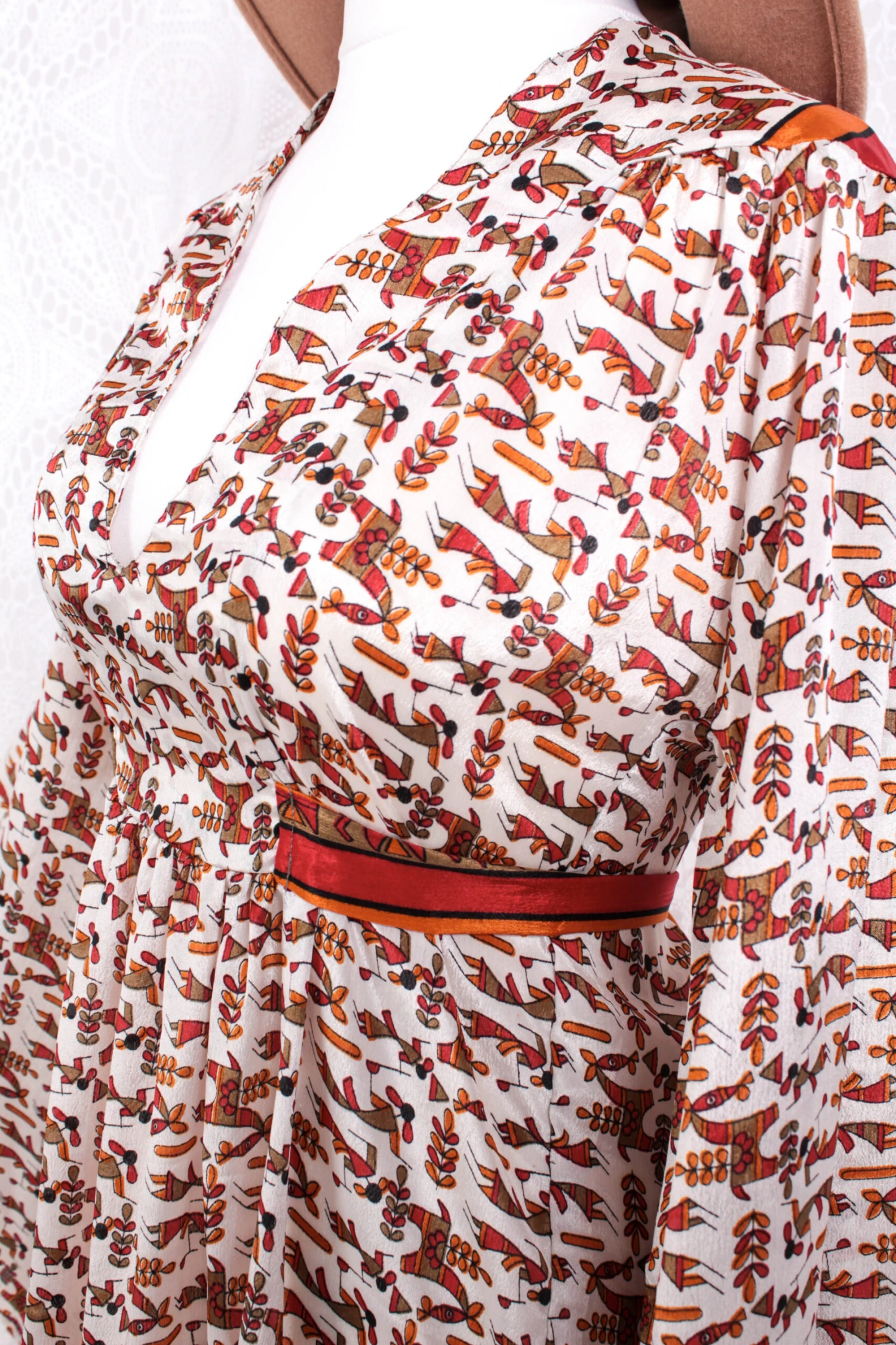 Stevie Maxi Dress - Vintage Indian Sari - Powder, Red & Amber Illustrations - XS 3 Stevie Maxi Dress - Vintage Indian Sari - Powder, Red & Amber Illustrations - XS - Image 3