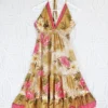 Cherry Mini Halter Dress - Oat & Pink Floral Vintage Sari (Free Size)