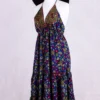 Cherry Mini Halter Dress - Royal Blue Floral Vintage Sari (Free Size)
