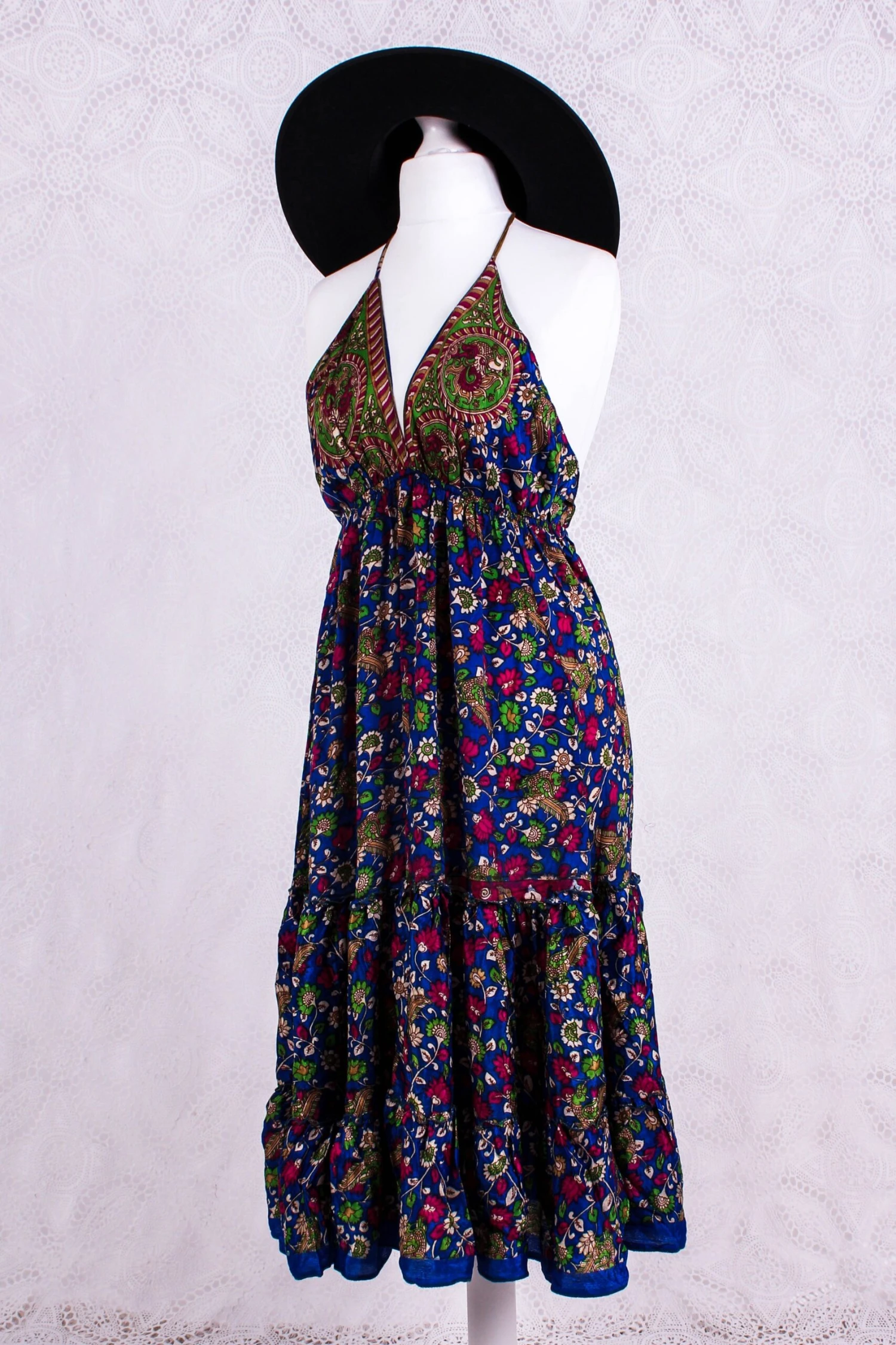 Cherry Mini Halter Dress - Royal Blue Floral Vintage Sari (Free Size) 1 Cherry Mini Halter Dress - Royal Blue Floral Vintage Sari (Free Size)