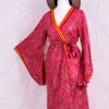 Gemini Bell Sleeve Midi Kimono/Dress - Watermelon Pink Vintage Sari - Size S/M