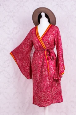 Gemini Bell Sleeve Midi Kimono/Dress - Watermelon Pink Vintage Sari - Size S/M