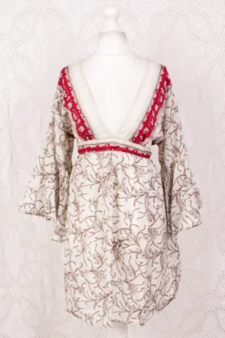 Pansy Mini Dress - Indian Sari - Circular Flounce Sleeve - Jasmine & Crimson Floral - Free Size M/L -Woviqueen Sales IMG 4817 scaled