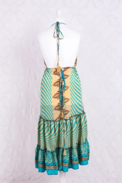 Cherry Mini Halter Dress - Sheer Turquoise & Gold Vintage Sari (Free Size) -Woviqueen Sales IMG 4878 92add66a 5f55 41d1 a325 1dd1dd0736c3 scaled